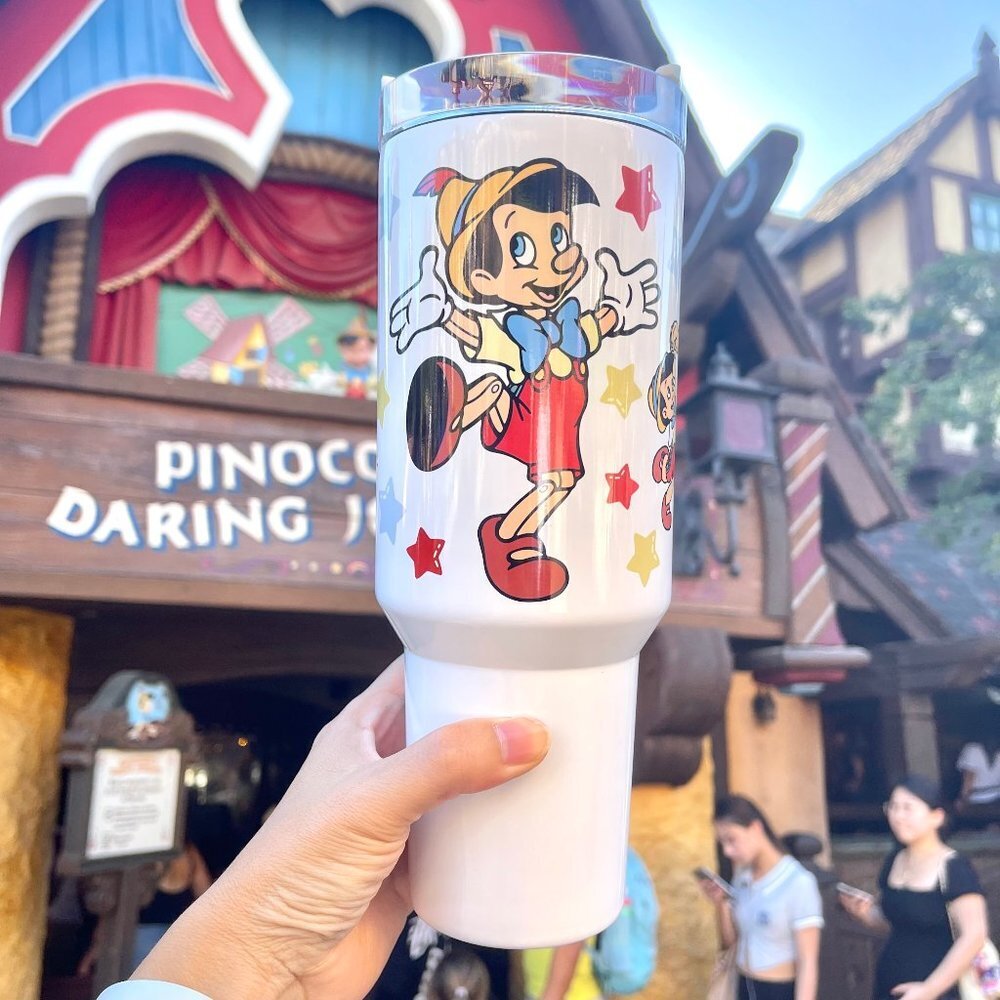 Disney Pinocchio 40 oz Tumbler/Water bottle/Mug with hand carry handle.  FEATURE